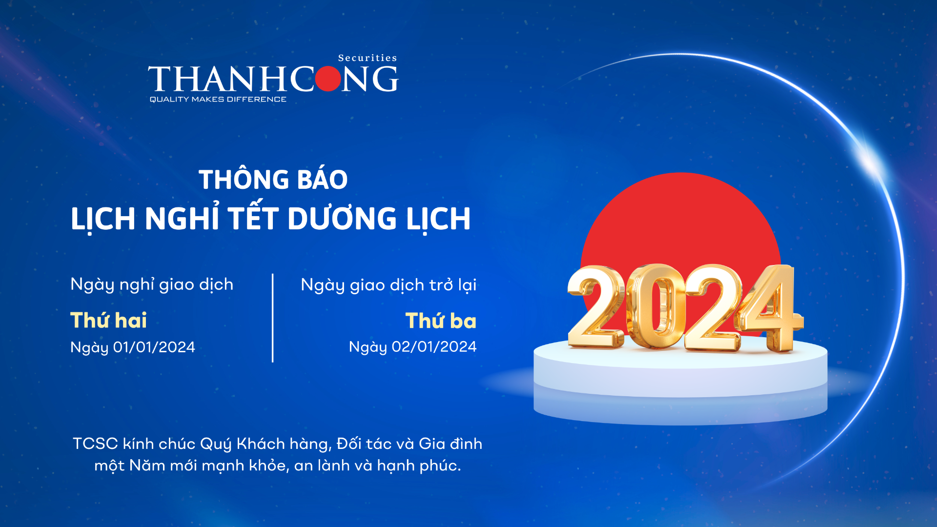 TCSC: THÔNG BÁO NGHỈ TẾT DƯƠNG LỊCH 2024
