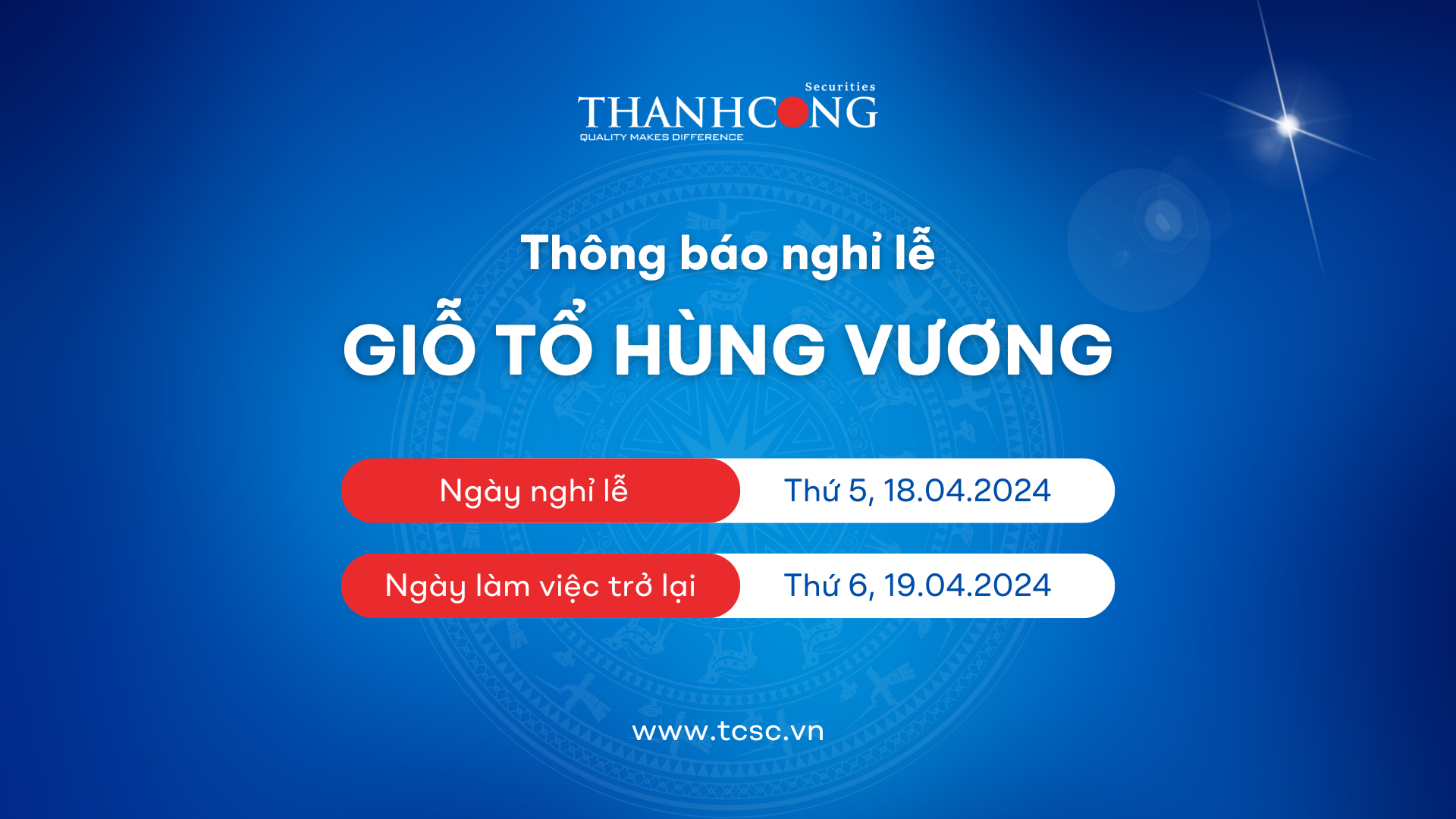 TCSC: THÔNG BÁO NGHỈ LỄ GIỖ TỔ HÙNG VƯƠNG
