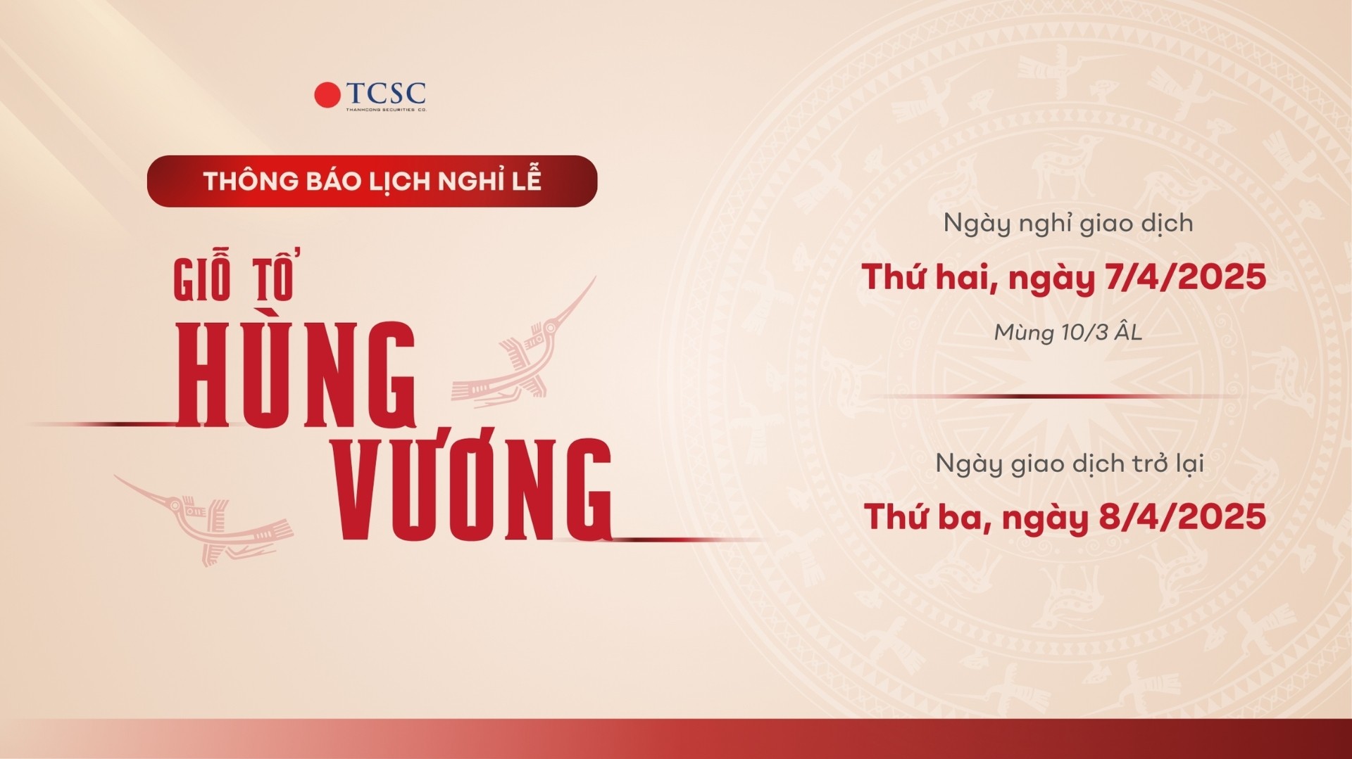 TCSC: THÔNG BÁO NGHỈ LỄ GIỖ TỔ HÙNG VƯƠNG